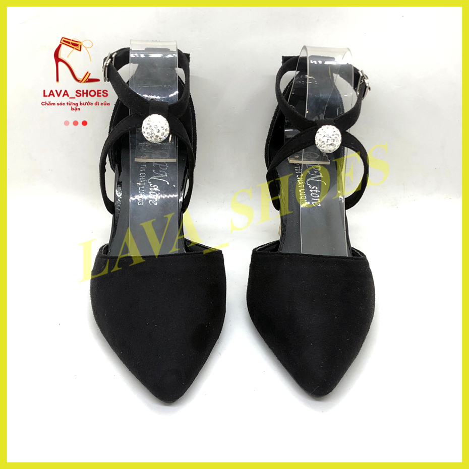 Giày cao gót 7 phân bít mũi đen chéo gót hạt châu - BM47