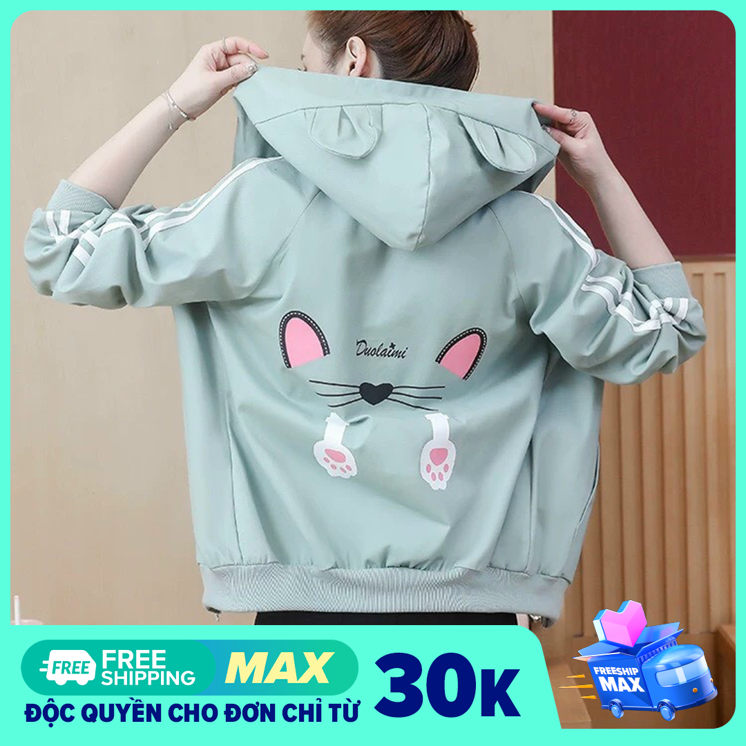 Áo khoác nữ in hình mèo có tai mèo màu xanh, áo khoác dù 2 lớp có túi trong, áo khoát nữ HOT