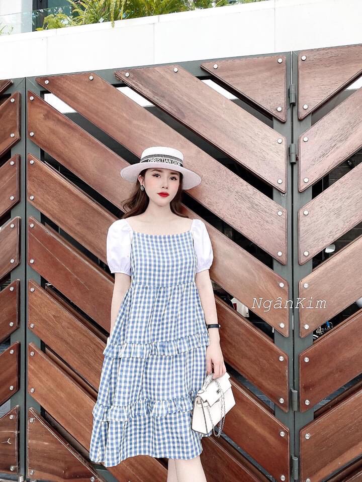 Đầm caro kate por phối tay voan nữ tính TTSA0465