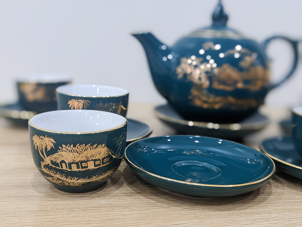 Bộ Ấm Chén Uống Trà, Bộ Ấm Chén Bát Tràng - Mộc Hương Giang Xanh Malat (Xanh Cổ Vịt)