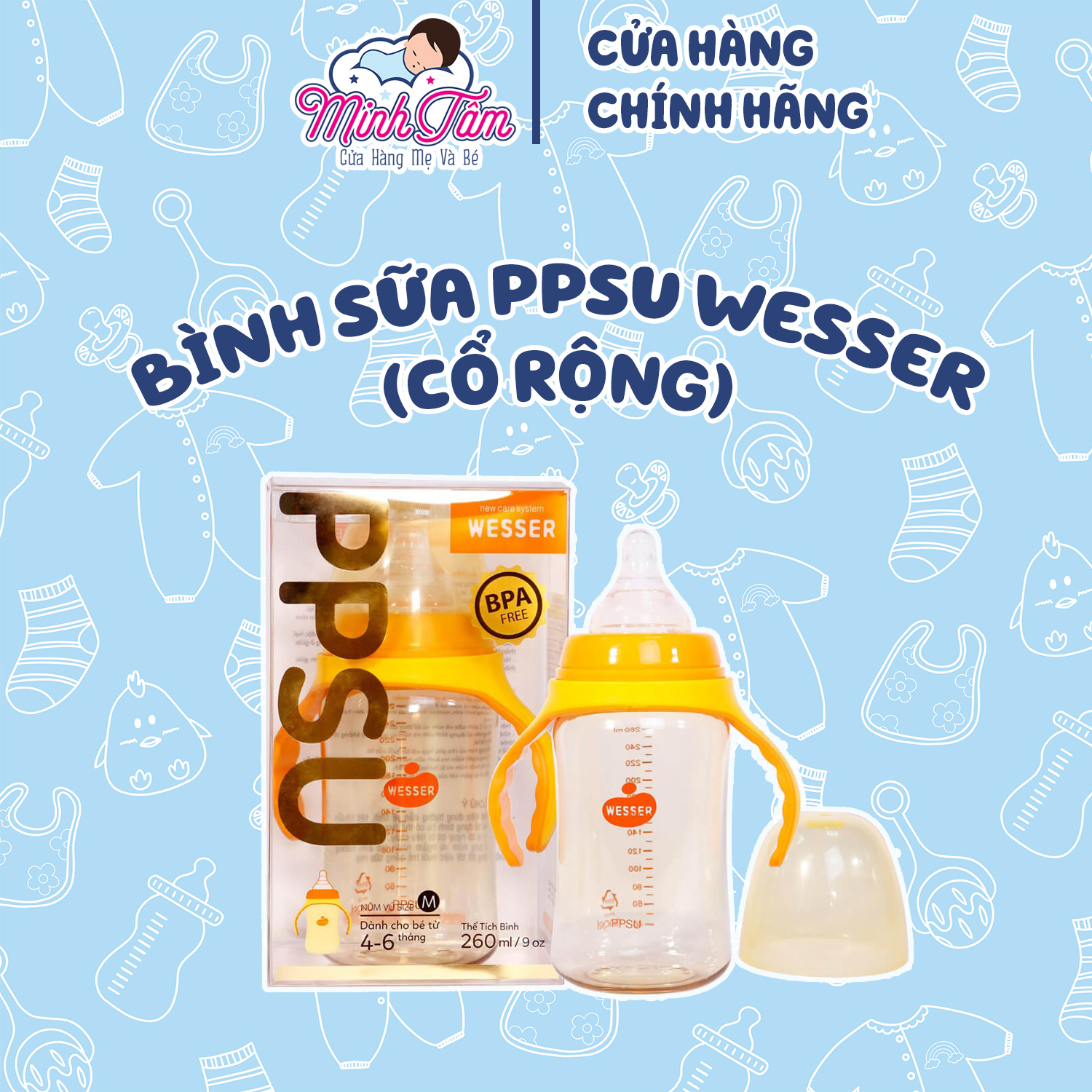 Bình sữa Wesser PPSU cao cấp cổ rộng 180ml/260ml