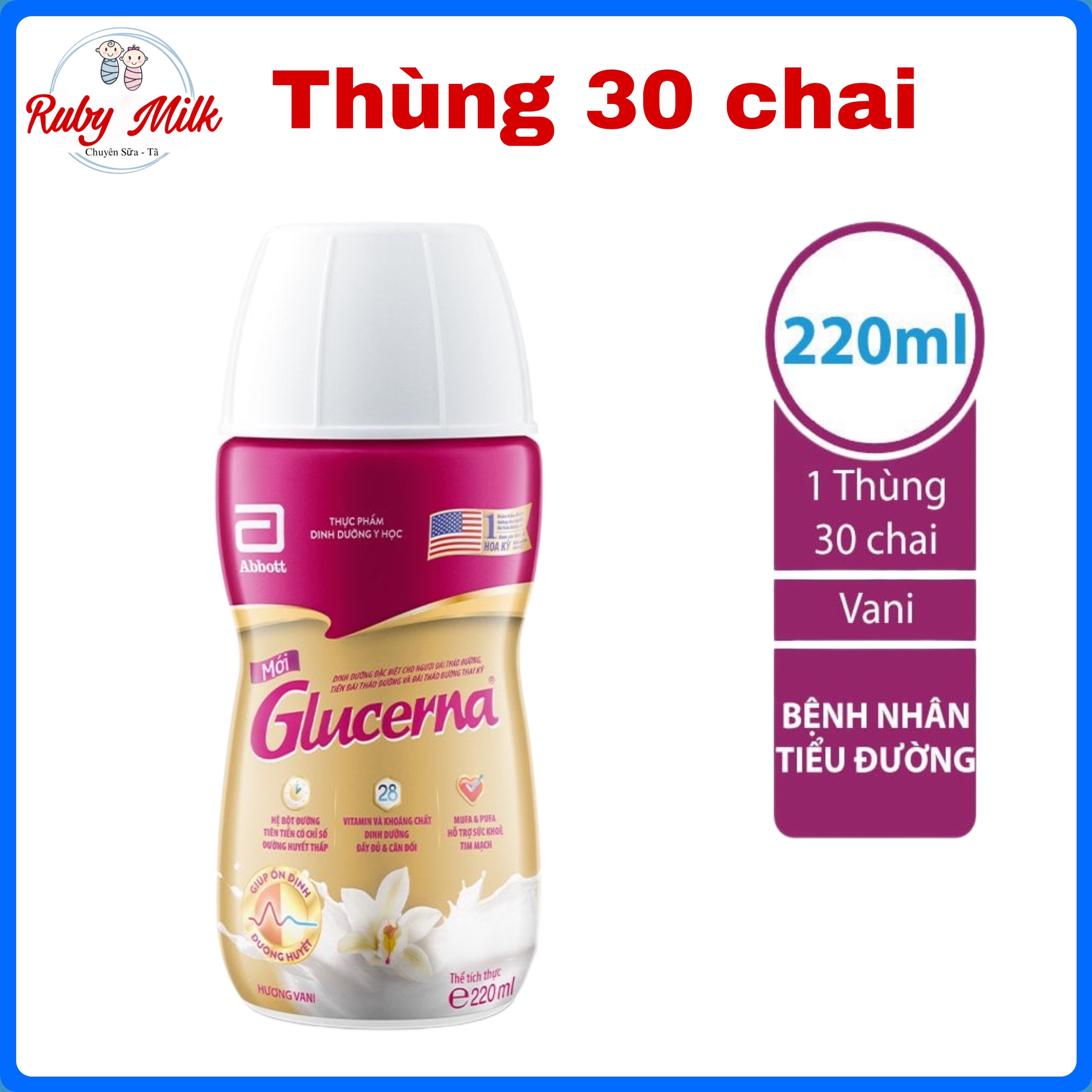 Thùng 30 chai sữa bột pha sẵn glucerna vani 220ml cho người tiểu đường