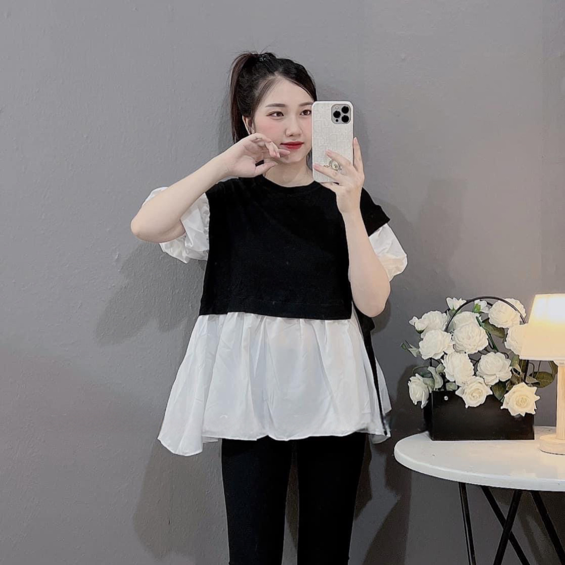 Áo bầu trắng đen công sở thắt nơ eo A091