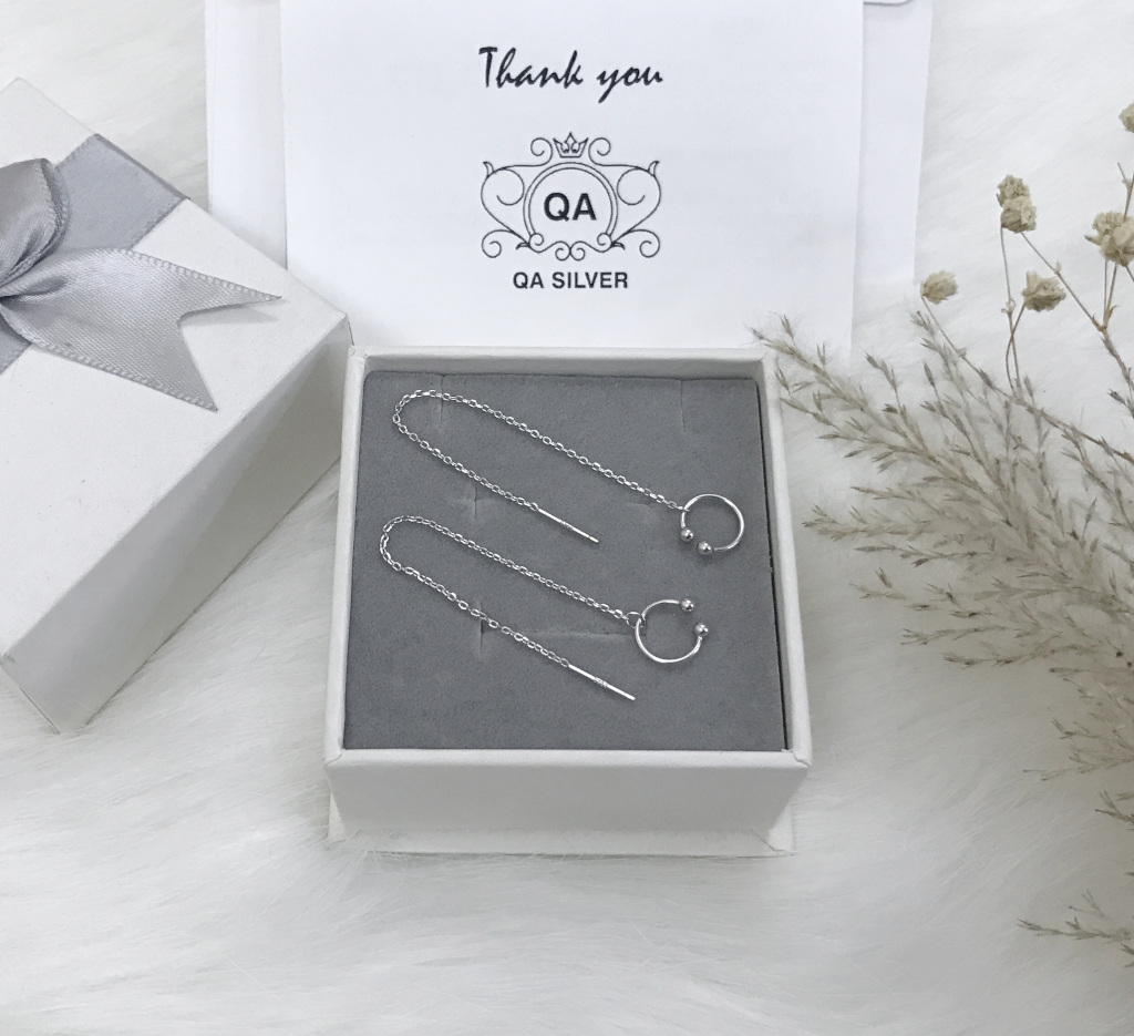 Khuyên tai bạc kẹp vành chữ C bi phối dây xích bông tai dài S925 EARCUFF QA Silver Earrings EA190502