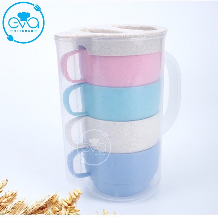 Bộ Bình Nước Kèm 4 Ly Cốc Nhựa Lúa Mạch Tiện Dụng