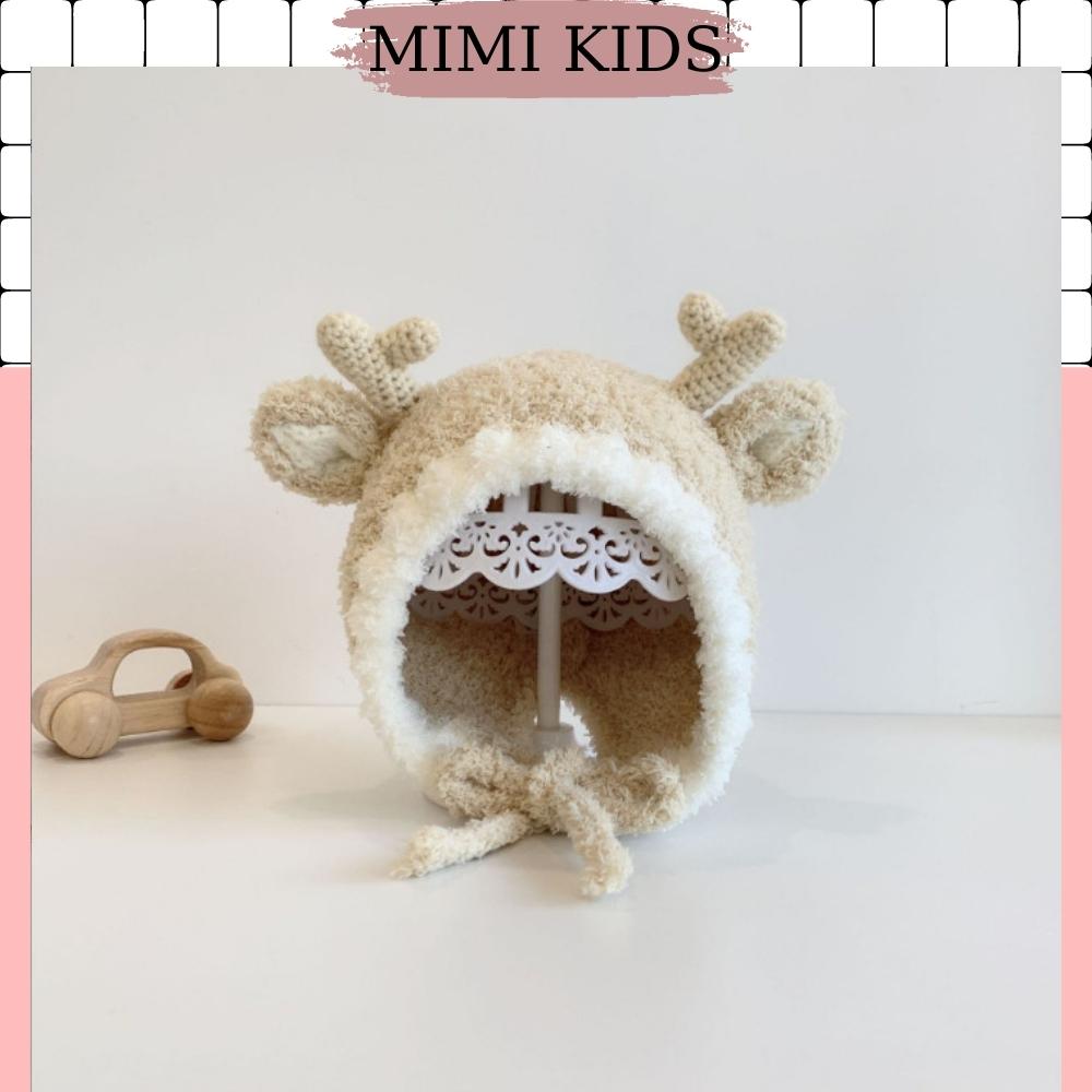 Mũ len lông buộc dây đính sừng tuần lộc đáng yêu cho bé MIMIKIDS ML195