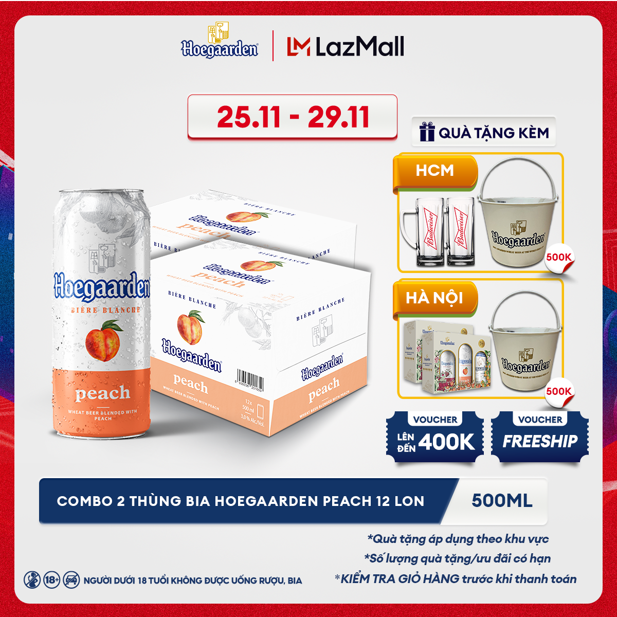 Combo 2 Thùng 12 Lon Bia Hoegaarden Peach (500ml/Lon)