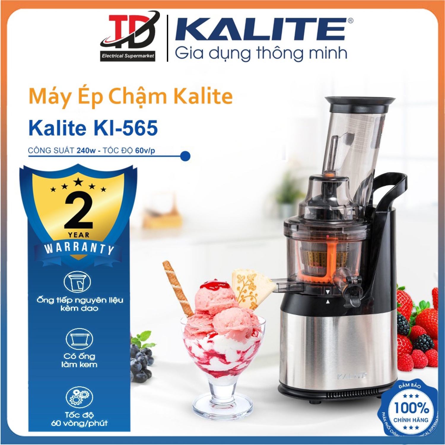 Máy ép chậm kalite kl565, công suất 240w, ép kiệt bã rau củ quả, làm kem, hàng chính hãng