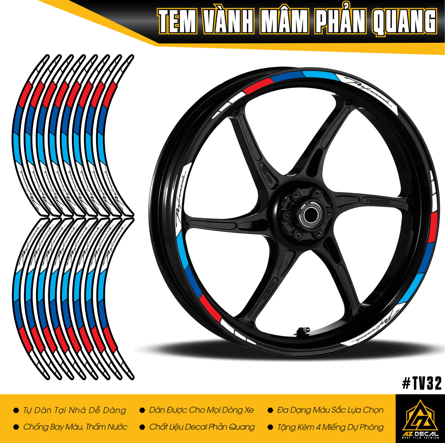 Tem Dán Vành Xe Máy Mẫu Performance | TV32 | Decal Dán Mâm Phản Quang, Chống Nước, Dễ Dán | Azdecal