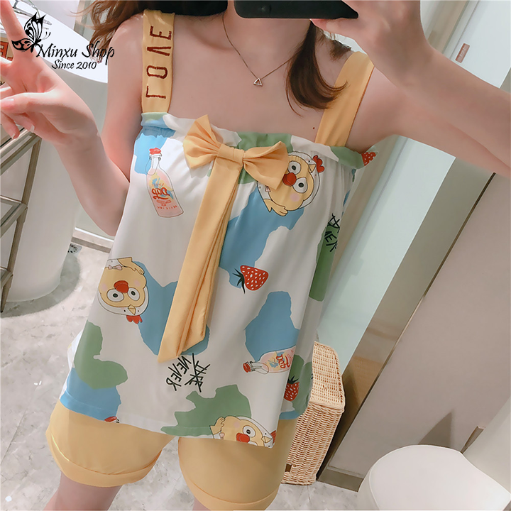 Bộ Ngủ 2 Dây Cổ Vuông, Bộ Mặc Nhà Thun Cotton, Có Thắt Nơ Dễ Thương Cho Bạn Nữ Mã YN