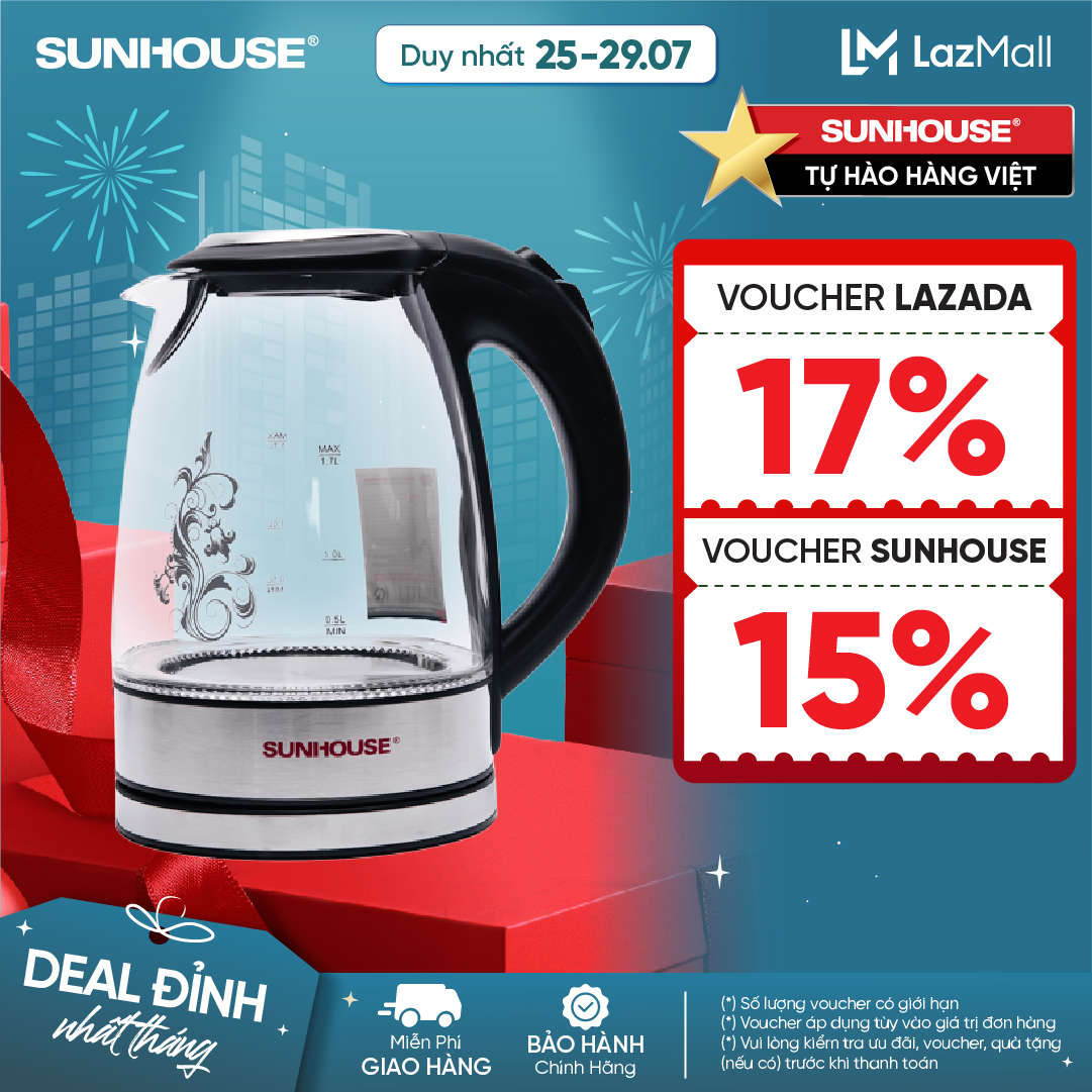 Ấm siêu tốc thủy tinh Sunhouse SHD1217 1.7L (Trong suốt)