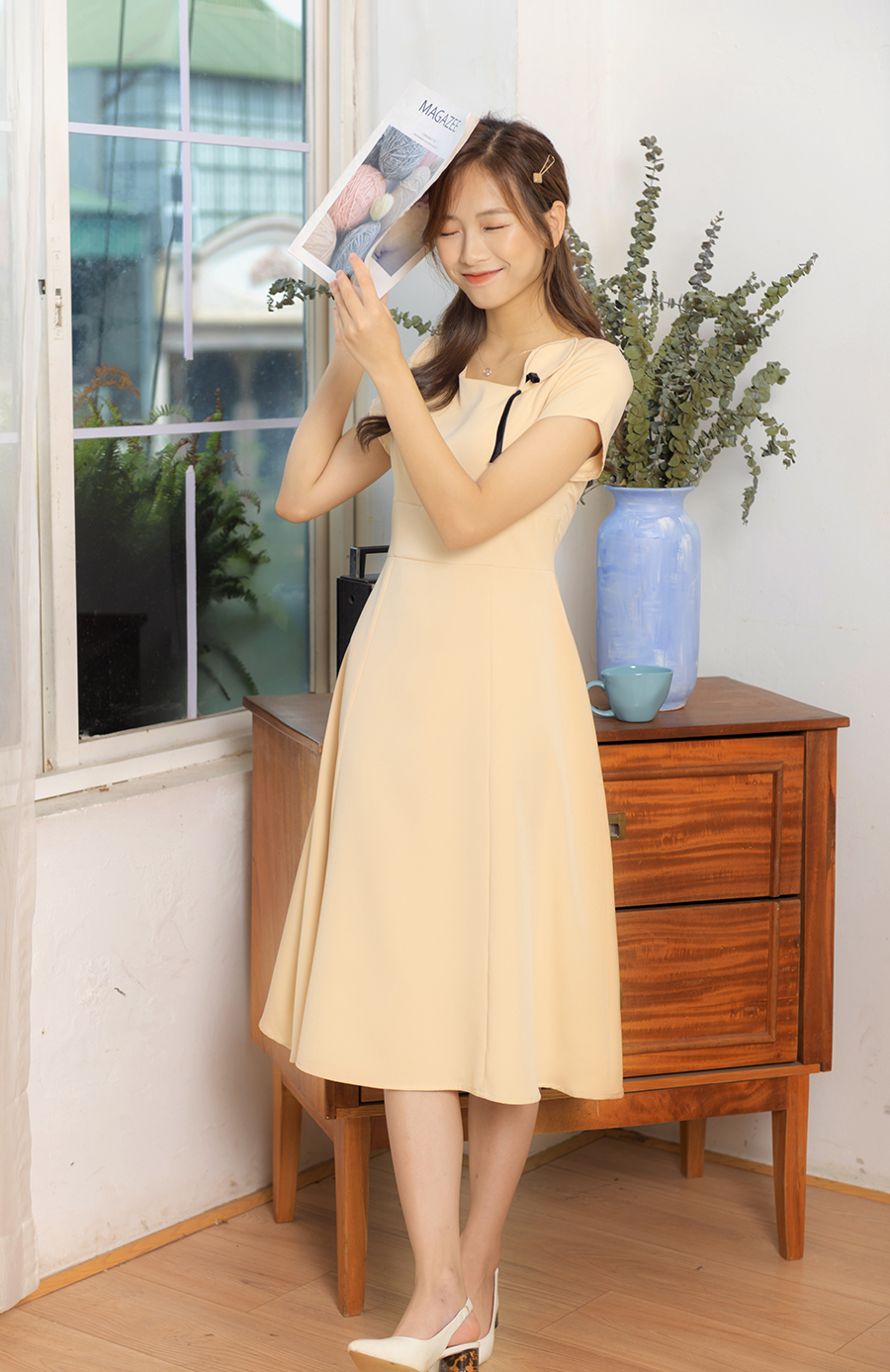 Đầm công sở dáng dài, váy công sở xòe đính hoa e1057
