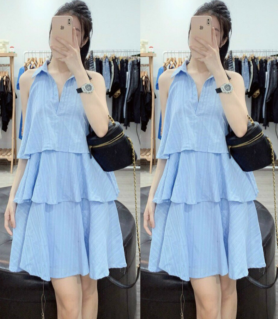 Đầm tầng sát nách cổ sơ mi trẻ trung