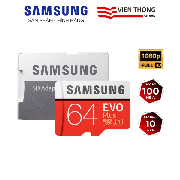 Thẻ nhớ microSDXC Samsung Evo Plus 64GB upto 100MB/s C10 U1 kèm Adapter (Bảo hành 10 năm) - Hãng phân phối chính thức