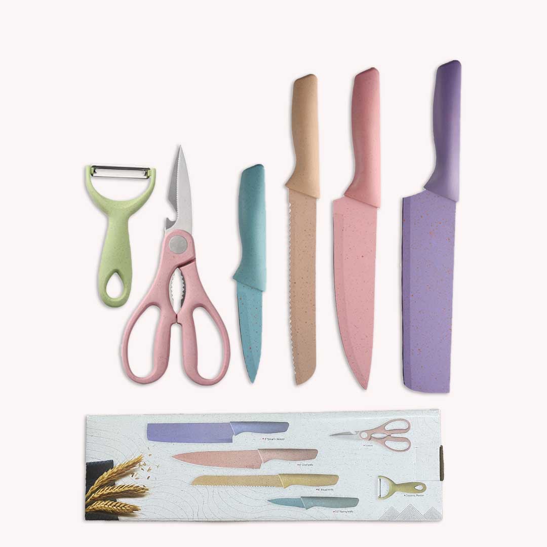 Bộ Dao Kéo Làm Bếp 6 Món Lúa Mạch (Màu Pastel) - Bộ Dao Làm Bếp Đa Năng
