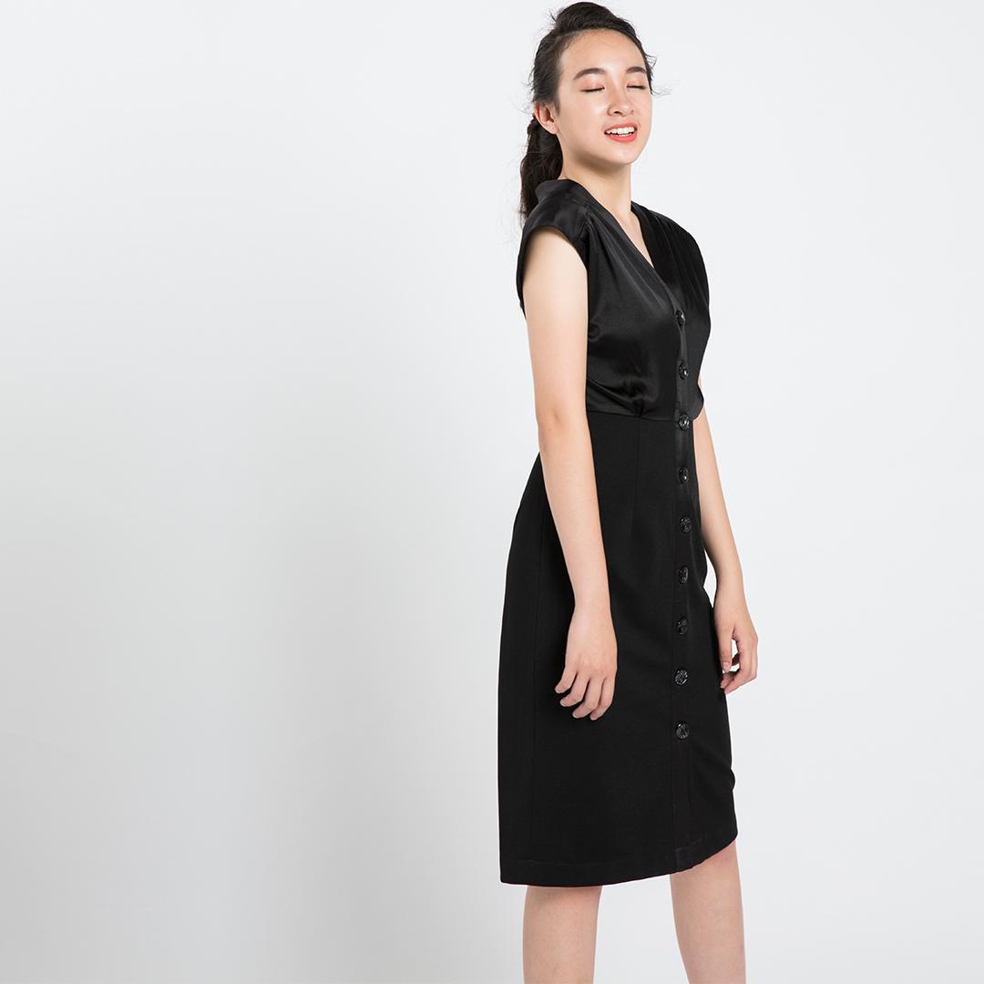 Đầm Ôm Phối Satin Hity DRE084 (Đen Huyền Bí)