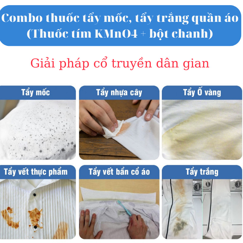 [HCM]Tẩy mốc Tẩy trắng Quần áo (Combo Thuốc tẩy tím + bột chanh+bột giữ màu)