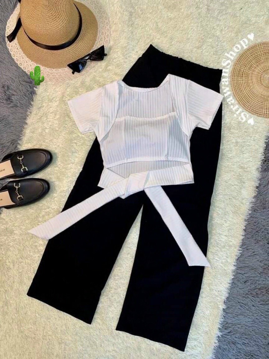 ÁO THUN NỮ ÁO THUN NỮ CROPTOP CỔ VUÔNG ÁO THUN TAY NGẮN ÁO THUN CỘT DÂY NƠ EO FORM 45KG