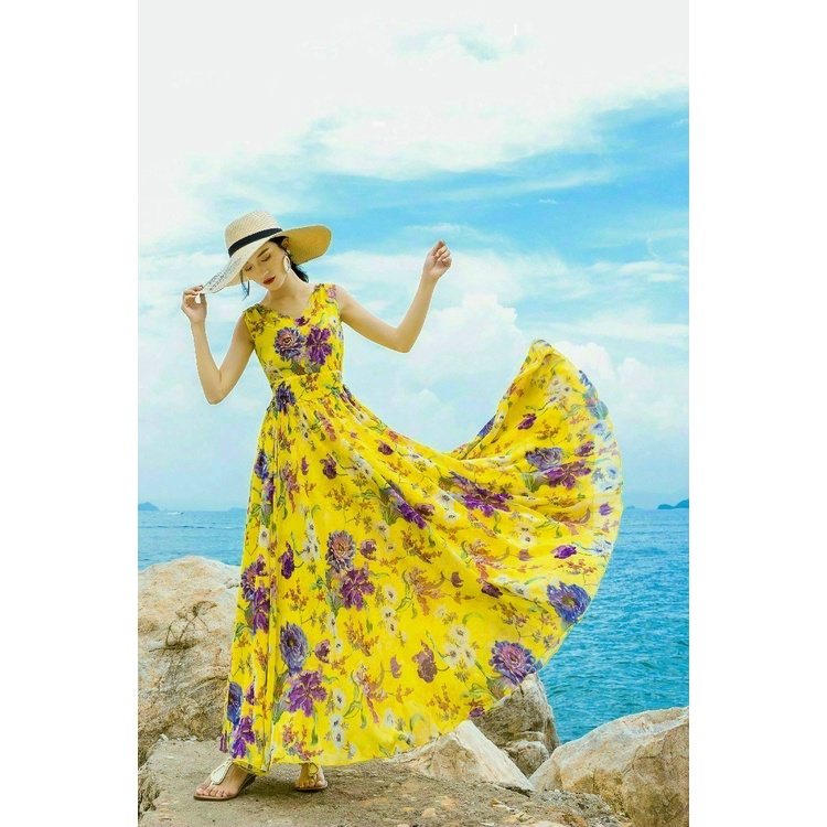 Đầm xòe maxi hoa voan phối màu cổ v xb4569