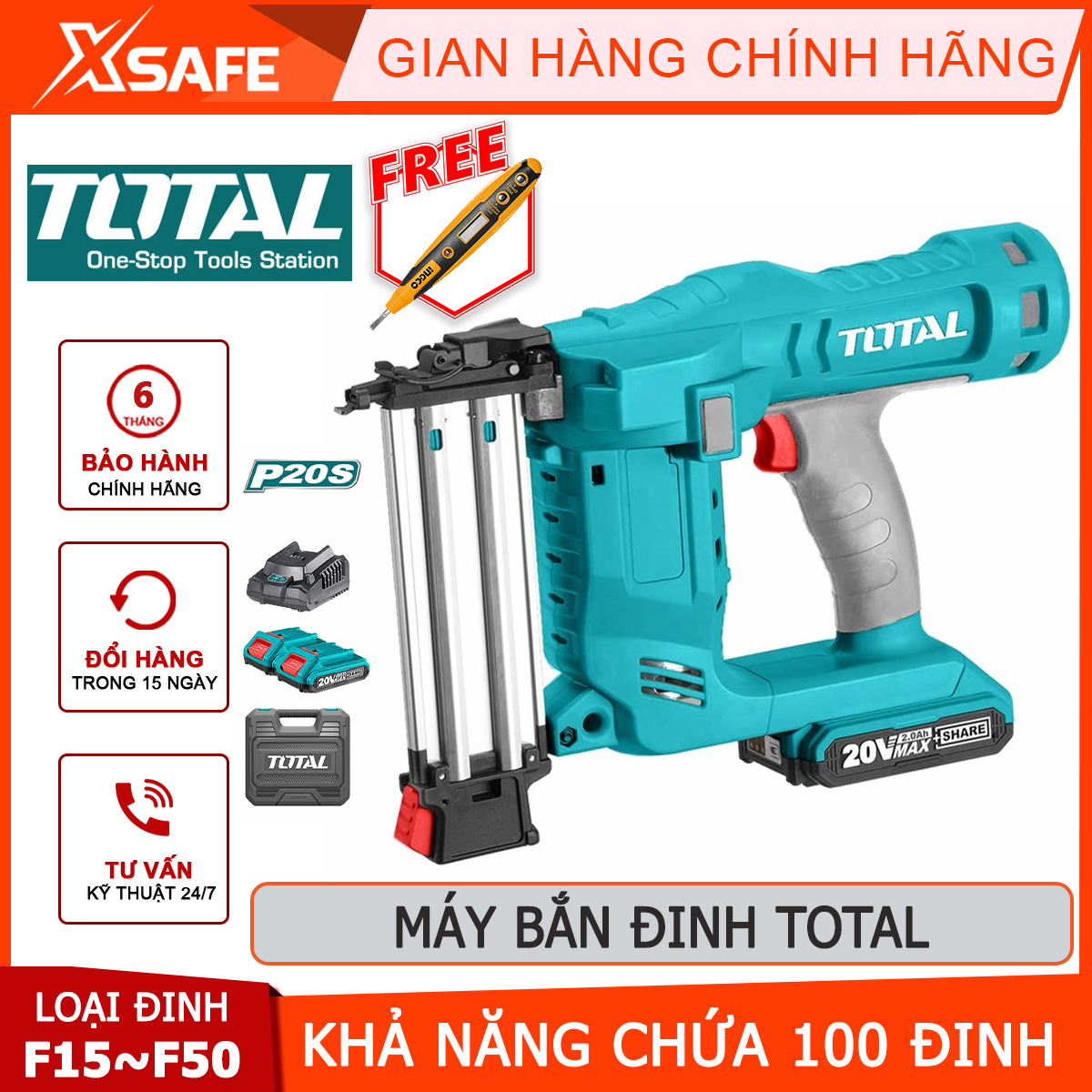 Nailing machine battery total TCBNLI2001 | nail gun voltage battery 20V size 45cm 15cm length work 15-50mm mount wall studs, concrete, wood