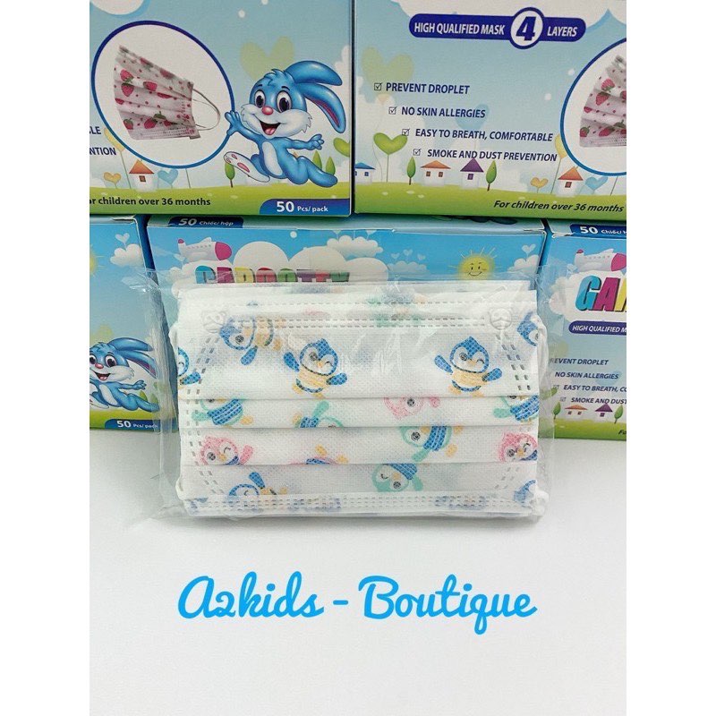 [HCM][Bé 3 - 10 tuổi] Hộp 50 cái khẩu trang cao cấp 4 lớp kháng khuẩn cho bé GARCOTEX hoạ tiết Chim Cánh Cụt đạt ISO 9001