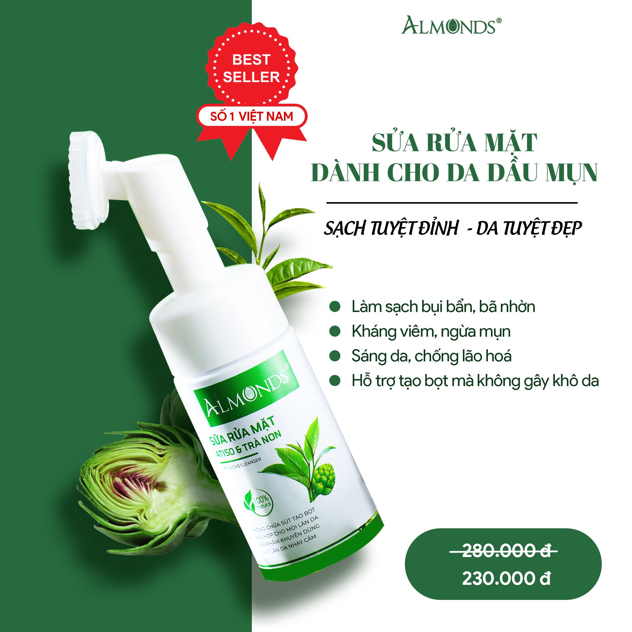 SỮA RỮA MẶT ATISO VÀ TRÀ NON ALMONDS 150ML