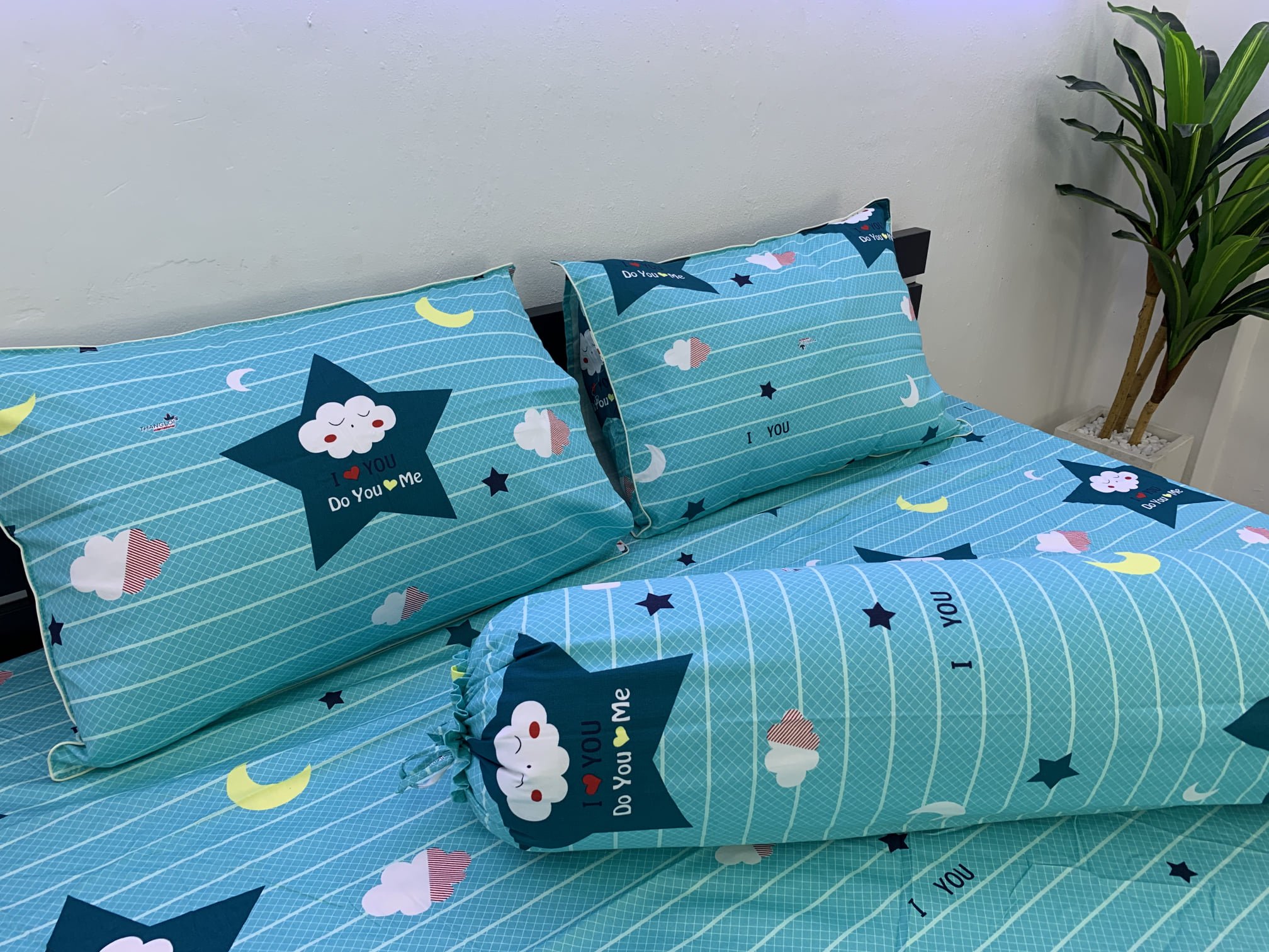 Bộ 4 Món Ga Gối Cotton Thắng Lợi Cao Cấp - Mẫu Sao Xanh