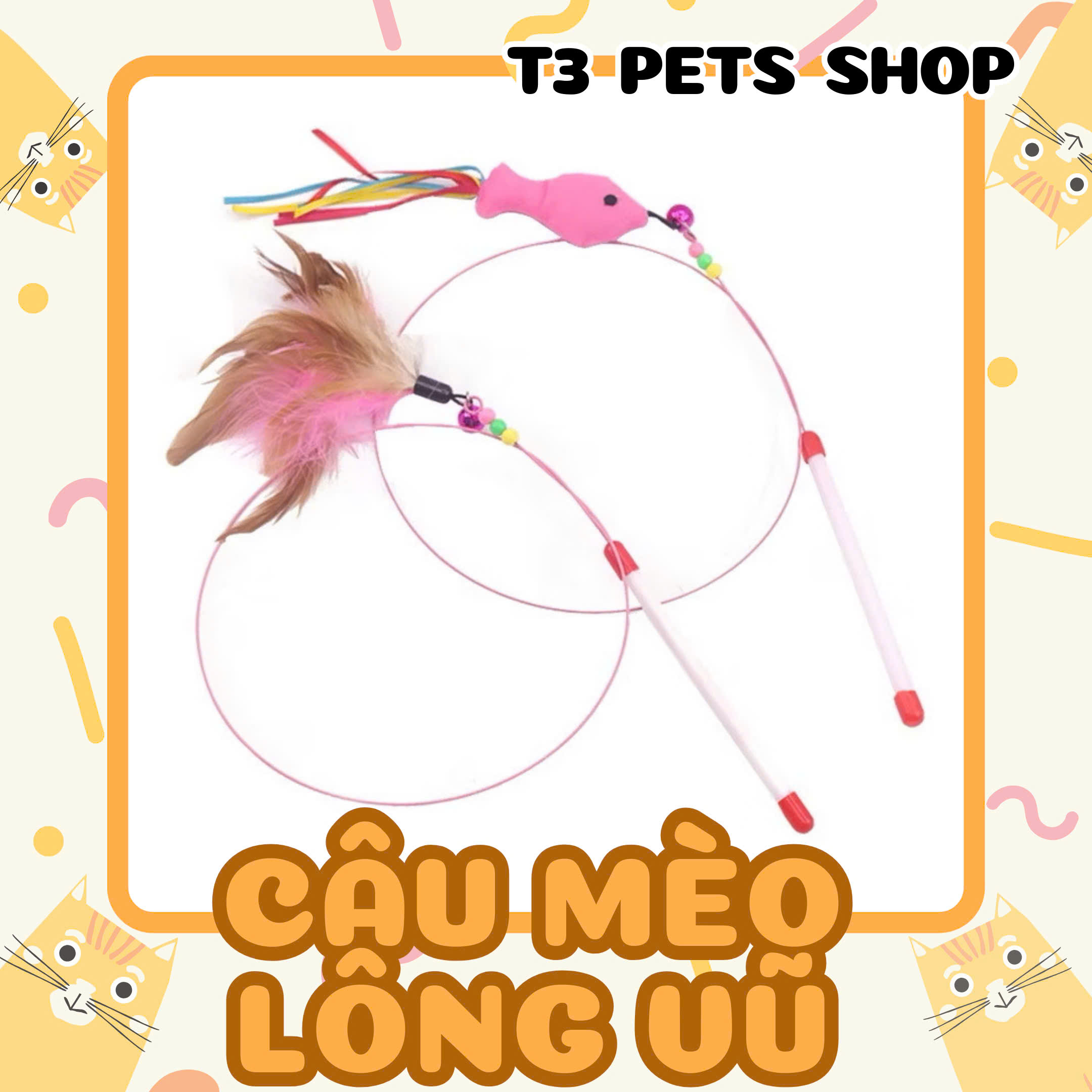 đồ chơi Cây câu mèo dài và lông vũ bằng thép - T3 PETS SHOP