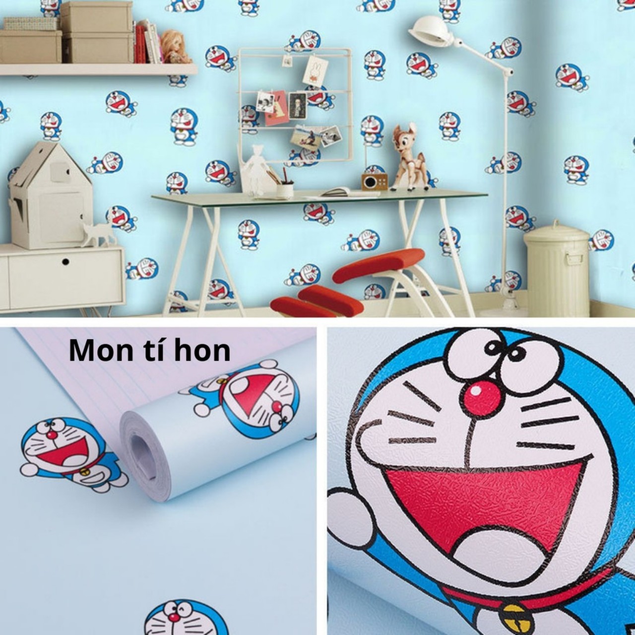 10m giấy dán tường hình đôremon xanh ( cuộn dài 10m khổ rộng 45cm, giấy có keo sẵn)