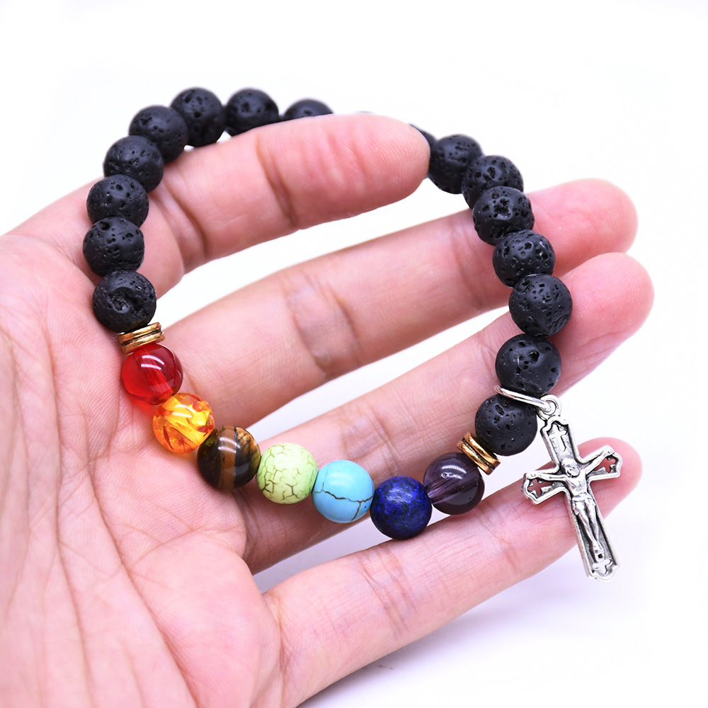 Vòng đeo tay Công Giáo đá núi lửa mix đá 7 màu