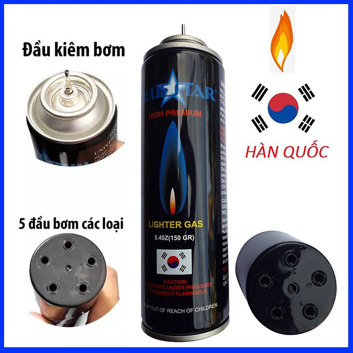 Gas bơm bật lửa hột quẹt Blustar Hàn Quốc 150g kèm 5 đầu bơm tiện lợi