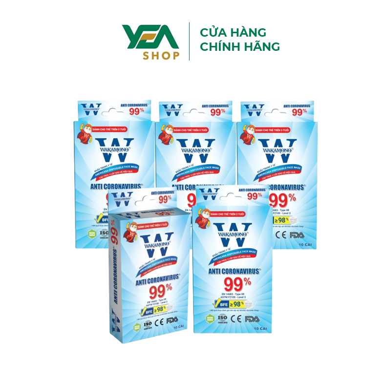 Combo 5 Khẩu trang Wakamono Trẻ em - (4 Lớp Hộp 10 Cái x 5 Hộp)
