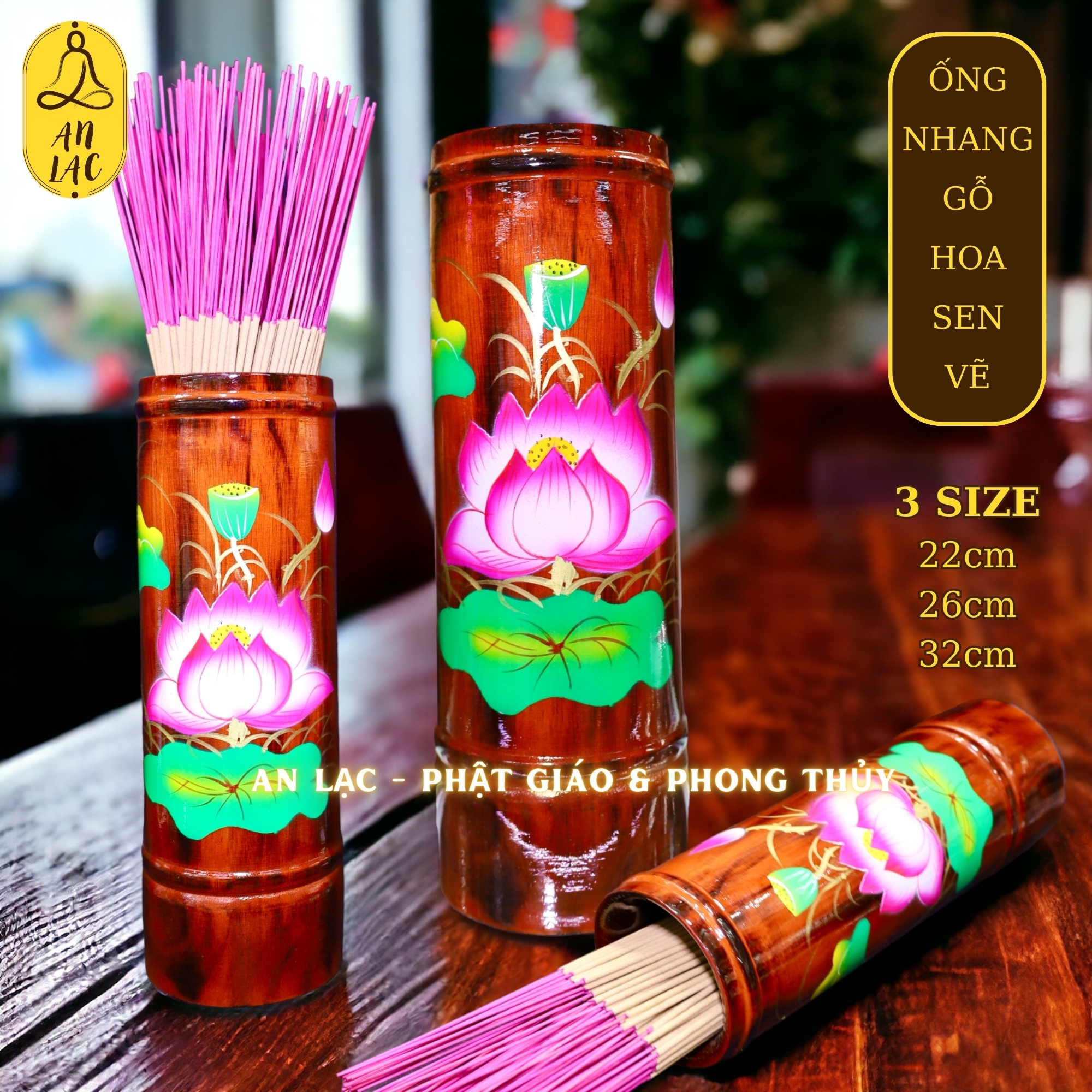ỐNG NHANG GỖ VẼ HOA SEN - MẪU NÂU ĐỎ (NHIỀU SIZE)