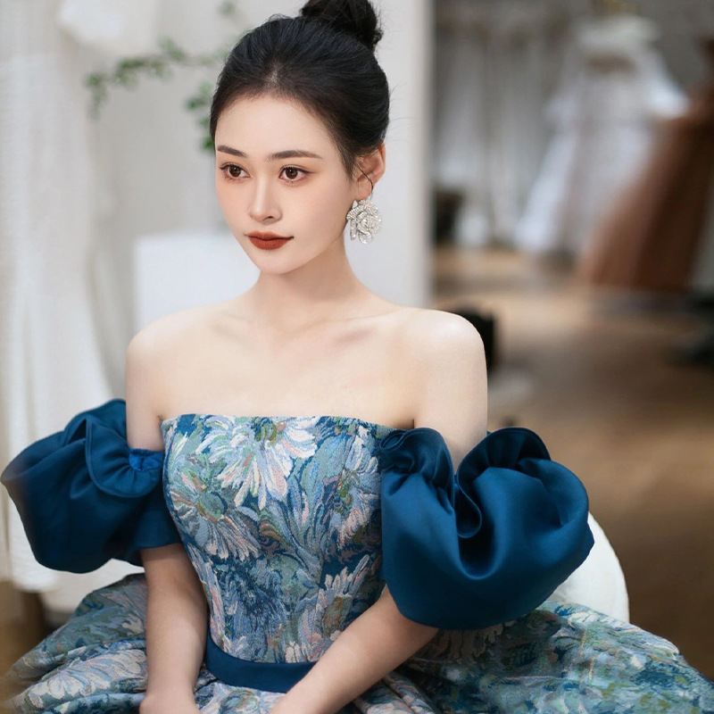 Bộ váy váy dạ hội trễ vai màu xanh váy dài hoa dự tiệc sinh nhật váy dài