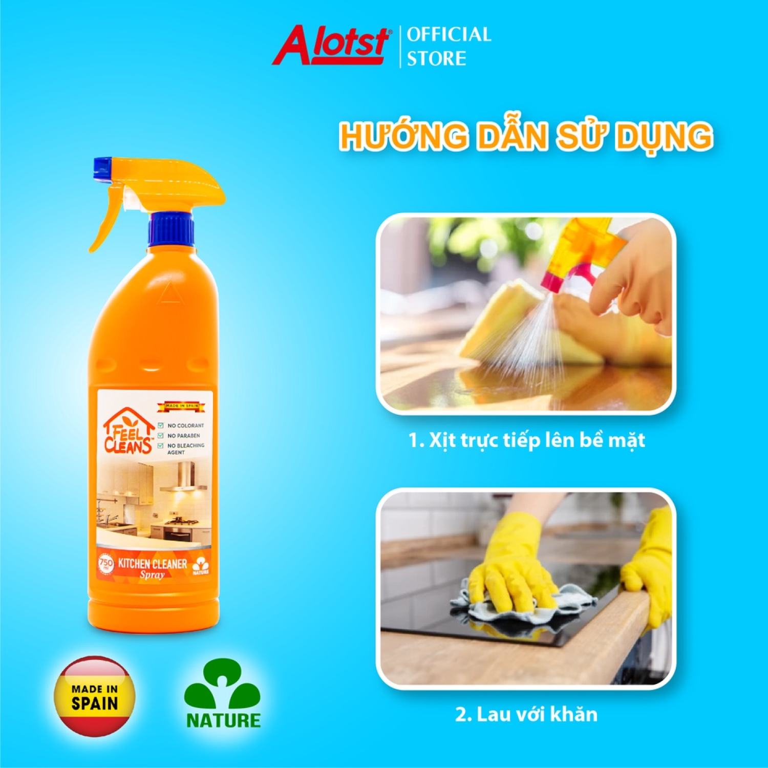 Nước lau xịt bếp FeelCleans 750ml Made in Spain
