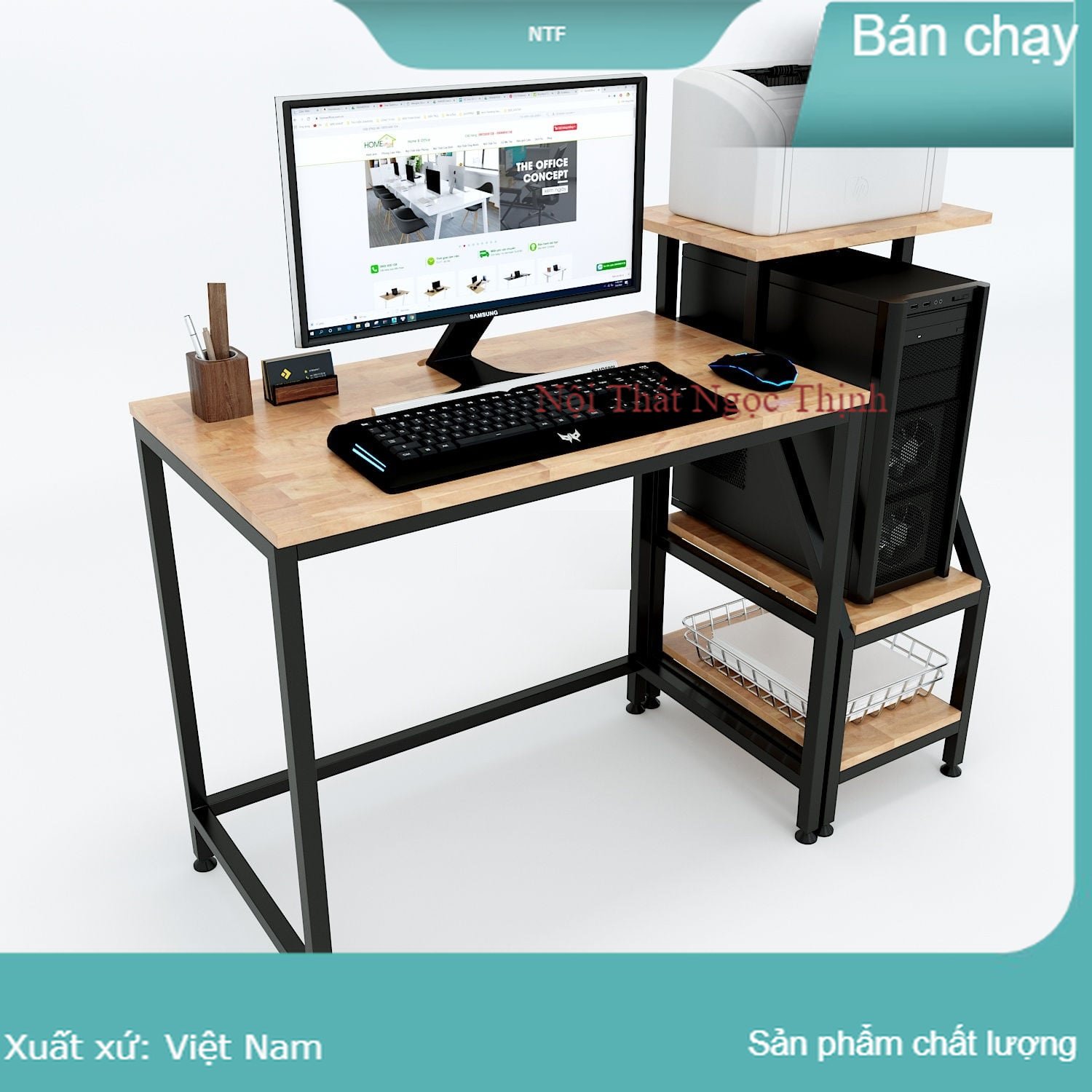 Bàn giám đốc giá rẻ, Bàn làm việc xếp thông minh có kèm kệ CPU tiện lợi, Kích thước 1200x400x750 Nội Thất Ngọc Thịnh