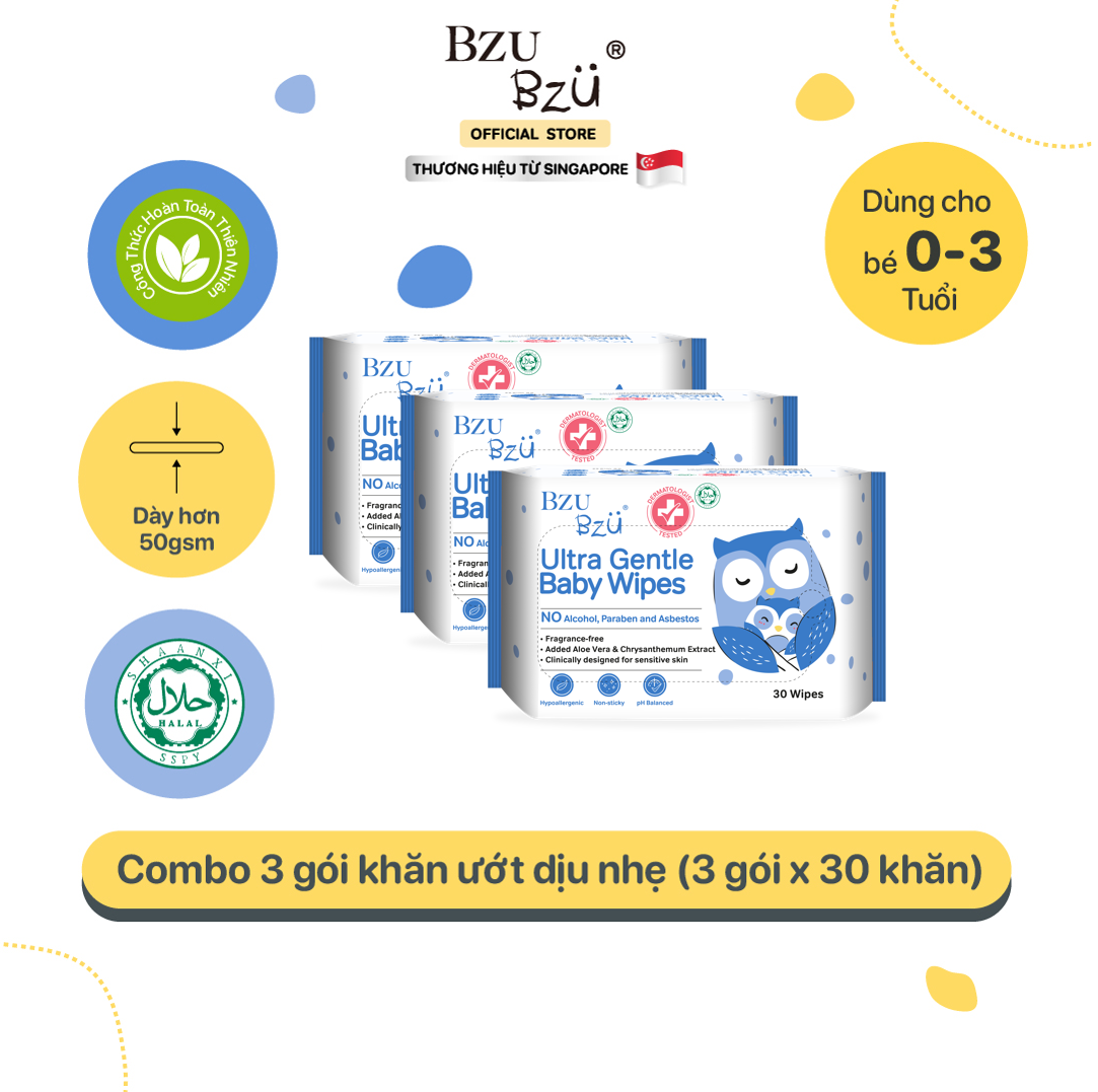 Combo 3 Gói Khăn Ướt Em Bé BZU BZU Ultra Gentle Baby Wipes Dịu Nhẹ Không Mùi Gói 30 Tờ