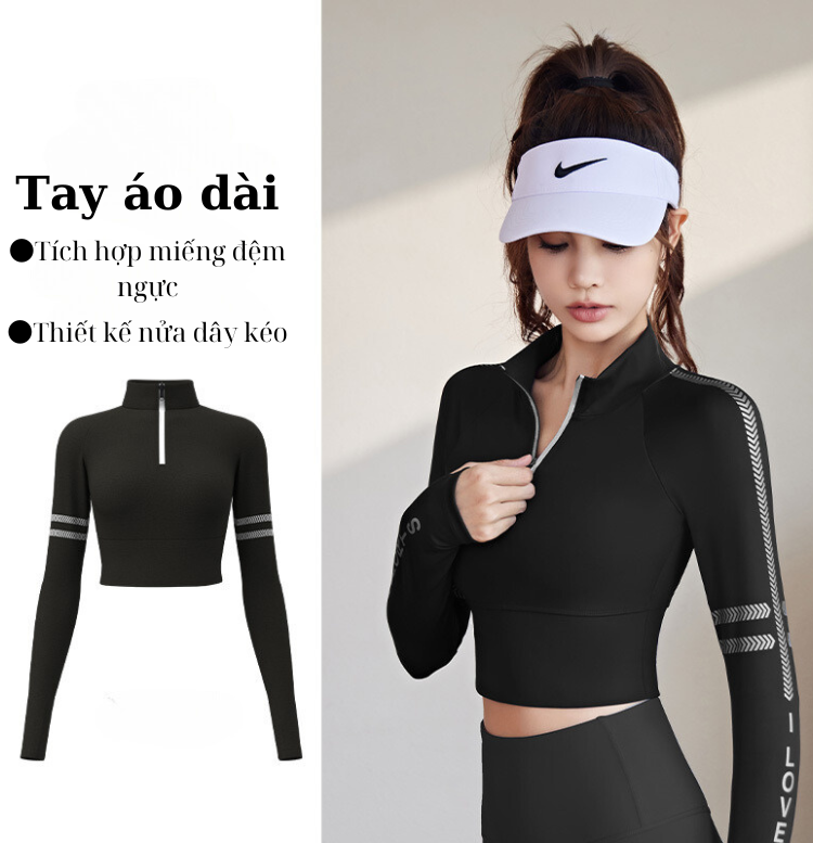 Áo croptop dài tay nữ tập gym, yoga, zumba, áo khoác thể thao nữ