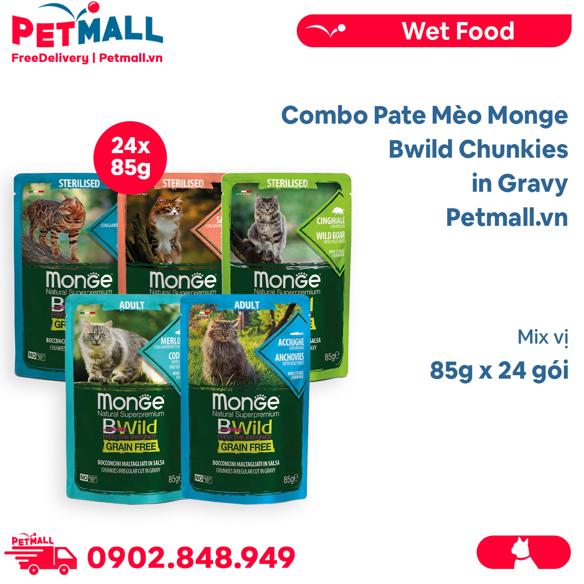 Combo Pate mèo Monge Bwild Chunkies in Gravy 85g - 24 gói - Mix vị Petmall