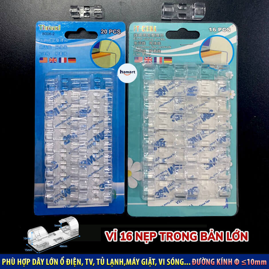 Vỉ 20 Nẹp Dây Điện LỚN Dán Tường Móc Treo Kẹp Cố Định Dây Cáp Thiết Bị Lớn TV Tủ Lạnh Ổ Cắm Điện