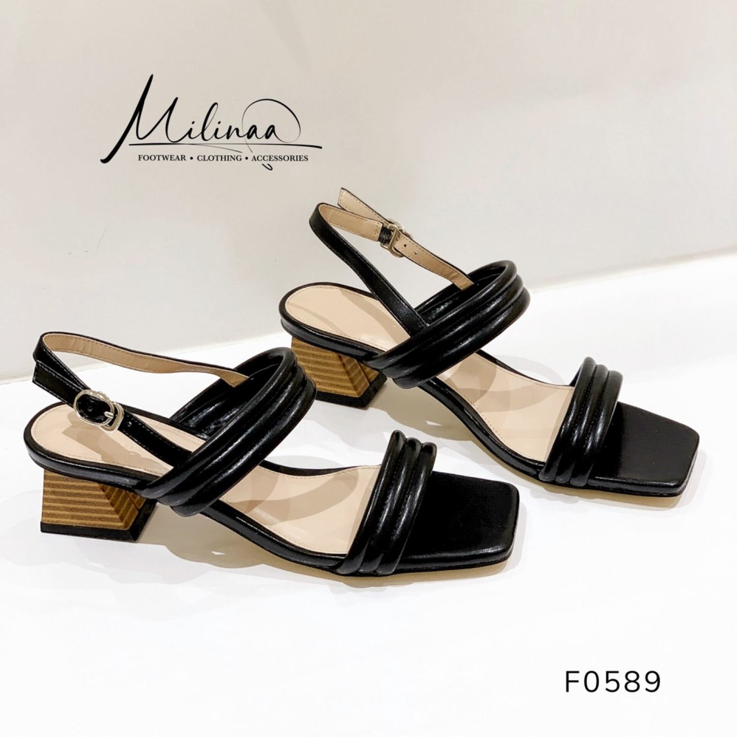 Giày sandal gót gỗ vuông 4p hai quai ngang bản vân da mềm f0589