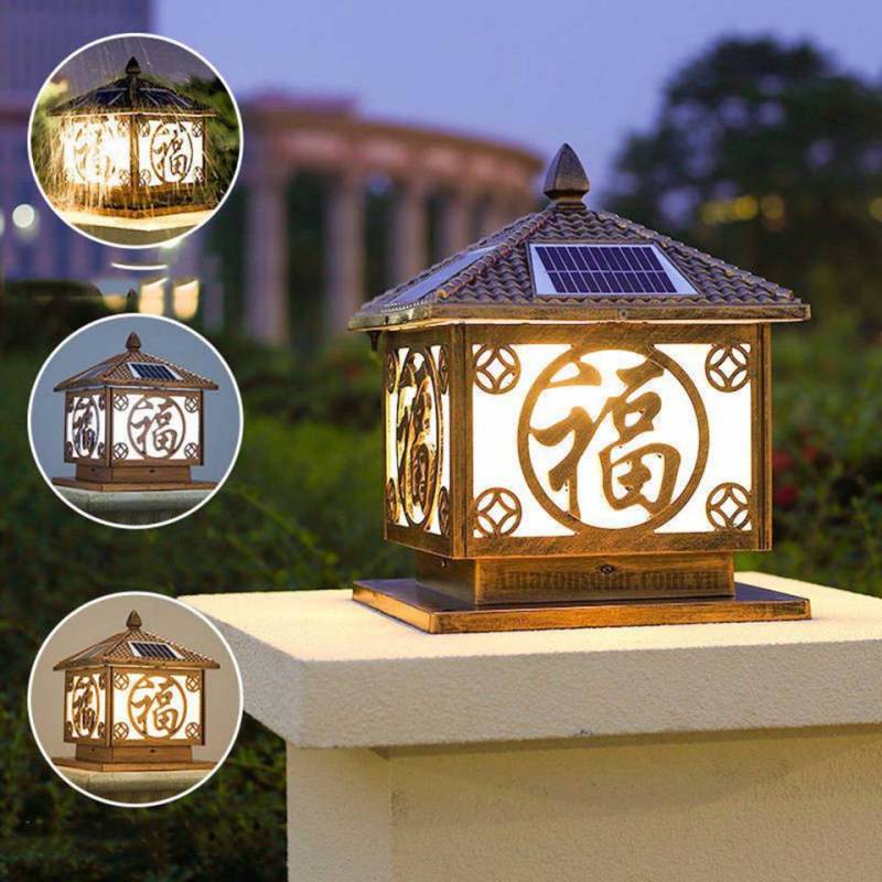Đèn trụ cổng năng lượng mặt trời chữ Phúc trụ 30cm