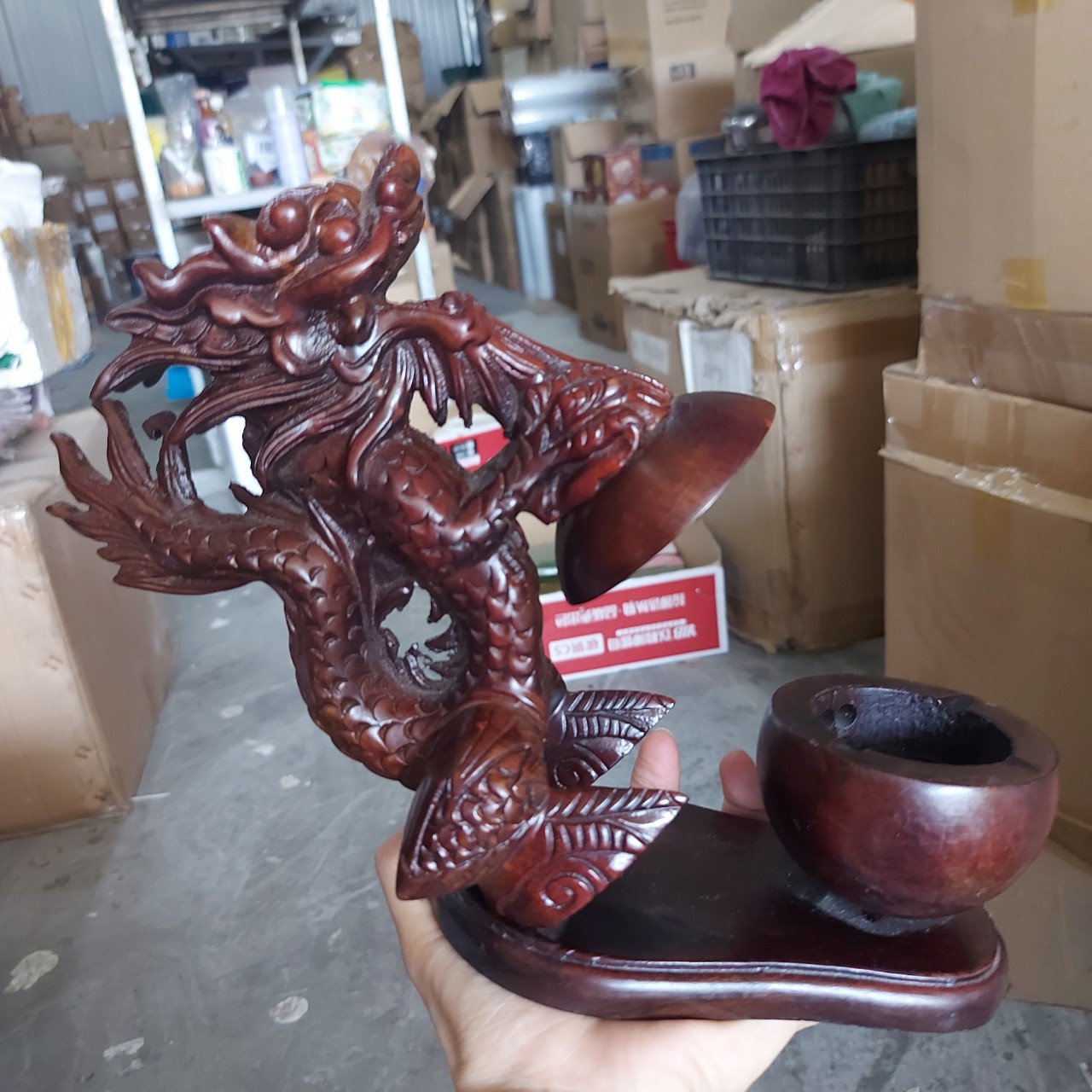 Gạt Tàn Gỗ Xà Cừ Chạm Khắc Rồng cao 20cm