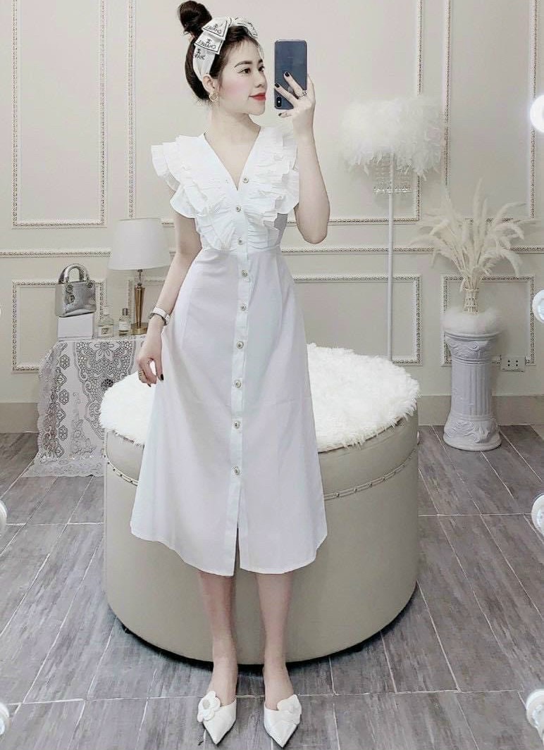 Đầm cổ phối dập li 3 màu