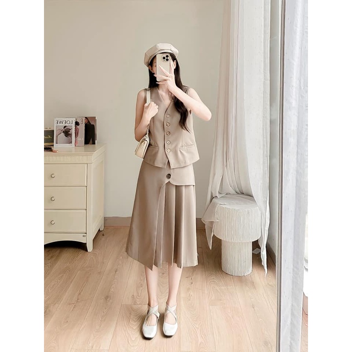 Chân váy midi myan thiết kế cách điệu xếp ly lệch phong cách sang chảnh cho nàng công sở màu basic vvn112208