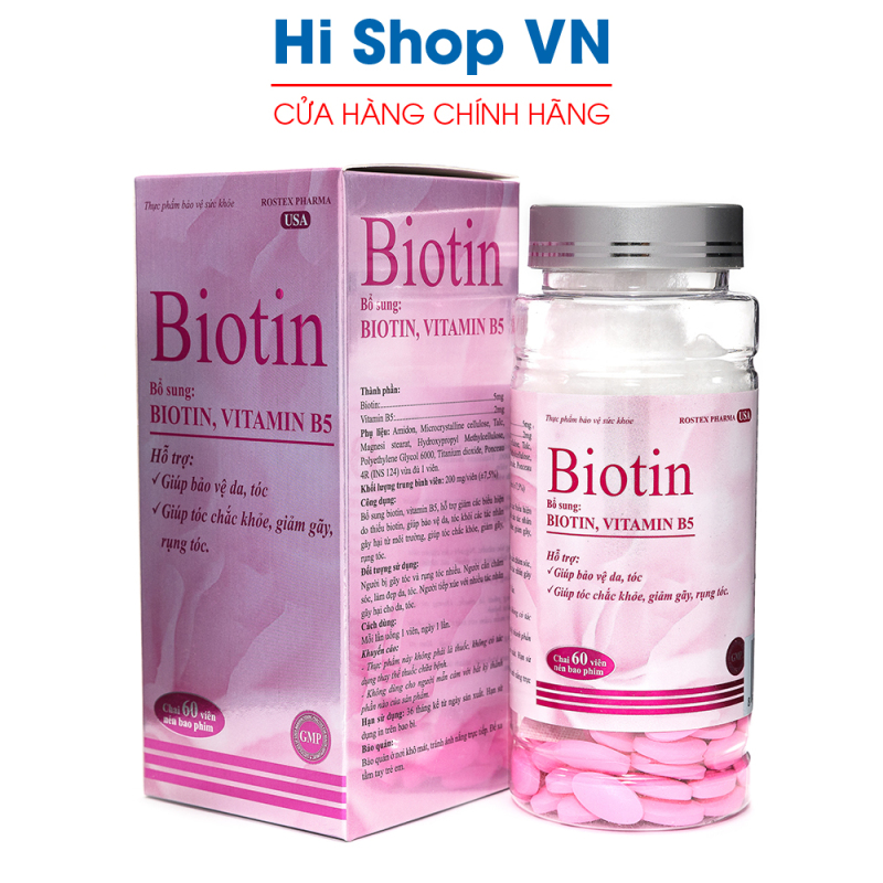 Viên uống bổ sung Biotin, Vitamin B5 giúp tóc chắc khỏe, giảm gãy rụng tóc, bảo vệ da tóc - Chai 60 viên nhập khẩu