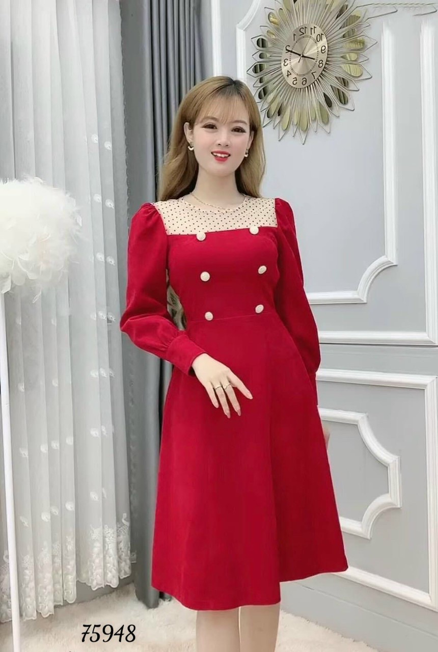 [25-27.4 Hoàn tiền 15%] ĐẦM PHỐI NÚT TO CỔ PHA REN QUÝ PHÁI CHO CÁC CÔ NÀNG THANH LỊCH-JUNA STORE 24H-HNS0301
