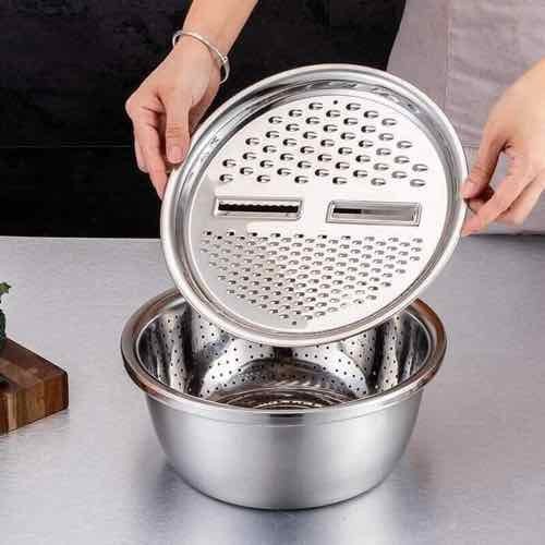 Bộ Rổ Inox Kèm Nạo Rau Củ 3 Chi Tiết-Bộ rổ chậu kèm nạo đa năng tiện lợi-bộ rổ inox kèm nạo rau củ tiện dụng