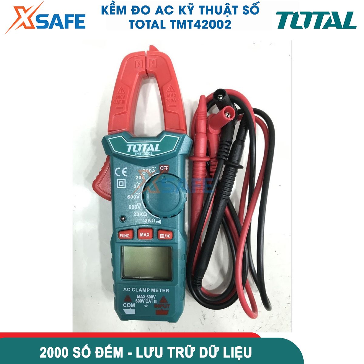 Đồng hồ đo điện đa năng Total Ampe kìm Ampe kế đo dòng điện kỹ thuật số 2000 số đếm màn hình LED đo được pin sạc máy khoan điện TMT42002