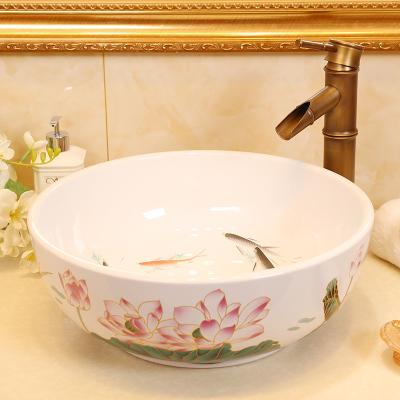 Chậu rửa lavabo gốm sứ cao cấp LAV0043 – Họa tiết sen hồng thủy mặc sinh động